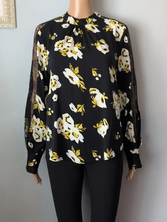Cleo Black & Yellow Floral Blouse with Lace Sleeve Inset - Size M - Picture 3 of 14